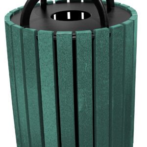 The Vestil Trash Receptacle Poly Rain Cap is a green, round 49-gallon outdoor can with vertical slats and a black lid, designed for durability in various weather conditions.