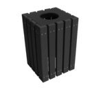 The Vestil Trash Receptical Poly Square 22 Gallon-Black has a sleek, modern design with vertical slats and a circular top opening, combining functionality and style seamlessly.