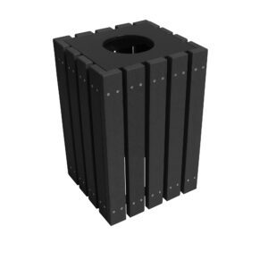 The Vestil Trash Receptical Poly Square 22 Gallon-Black has a sleek, modern design with vertical slats and a circular top opening, combining functionality and style seamlessly.