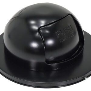 The Vestil Stl Waste Top Dual Door For Drum-Black has a smooth black dome lid with an embossed PUSH flap. Its designed for drum-shaped trash cans with dual doors for easy waste disposal through its glossy surface.