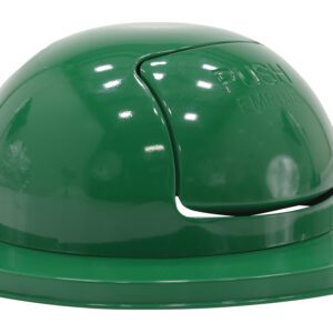The Vestil Stl Waste Top Dual Door for Drum-Green features a glossy, green dome-shaped lid with a push flap marked PUSH and is securely bolted to a circular base.