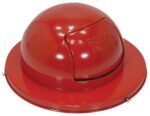 The Vestil Stl Waste Top Dual Door For Drum-Red is a shiny, red, dome-shaped trash can lid with a PUSH flap that enhances waste disposal efficiency while offering both functionality and elegance to your waste management system.