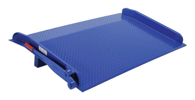 The Vestil Steel Truck Dockboard 10000 Lb 60W X 36L is a blue metal ramp with a textured surface, raised edges, and a slightly curved incline. Its ideal for smooth item transfers between heights and commonly used in warehouses or loading docks.