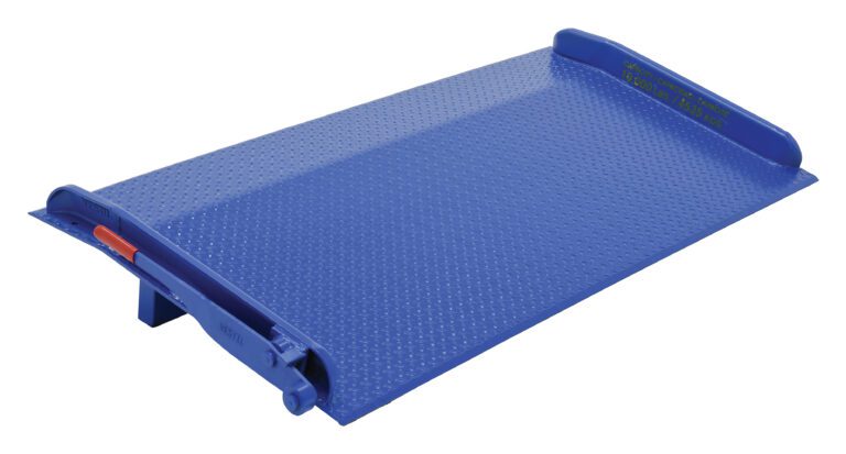 TS-10-7236_A.jpg The Vestil Steel Truck Dockboard 10000 Lb 72W X 36L boasts a blue metal design with a textured surface and raised edges, featuring a handle for easy use. It efficiently bridges gaps between trucks and docks, supporting up to 10,000 lbs.