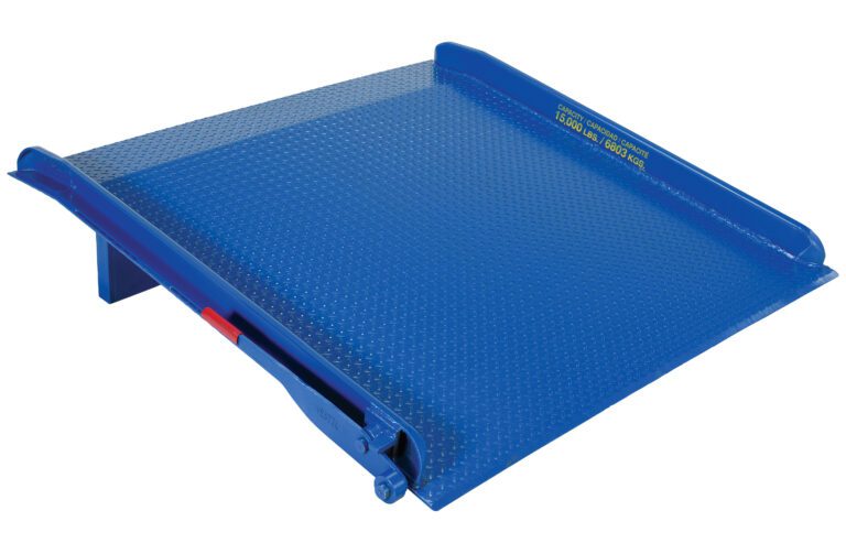 This blue Vestil Steel Truck Dockboard supports up to 15,000 lbs on a 60W x 72L platform. It features a textured surface, raised sides for safe bridging between vehicles and docks, has a handle on one side, and yellow text in the top right corner.