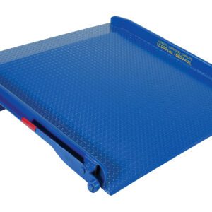 Blue metal loading dock leveler with a textured platform, raised edges, and a side hinge mechanism; features a lip for truck or dock attachment. Displays yellow 15000 lb capacity text, comparable to the Vestil Steel Truck Dockboard 15000 Lb 72W X 36L.