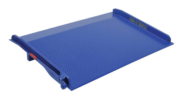 Blue steel platform scale with a diamond plate surface and raised edges on two sides. A visible lever mechanism on the left, and text on the right reads SCALE iner at 80,000 cap, echoing the ruggedness of the Vestil Steel Truck Dockboard 15000 Lb 72W X 48L.