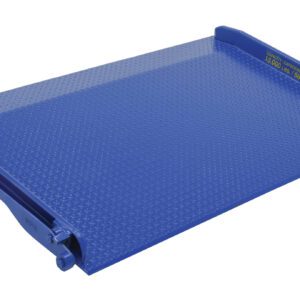 Blue steel platform scale with a diamond plate surface and raised edges on two sides. A visible lever mechanism on the left, and text on the right reads SCALE iner at 80,000 cap, echoing the ruggedness of the Vestil Steel Truck Dockboard 15000 Lb 72W X 48L.