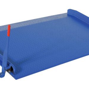 The Vestil Steel Truck Dockboard, 20000 lb capacity, features a blue design with a 72W x 48L diamond plate surface, red handle, and raised edges on three sides. Its lever mechanism ensures efficient loading operations.
