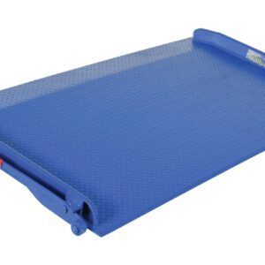 The Vestil Steel Truck Dockboard (20000 lb capacity, 84W x 48L) features a blue industrial finish with a textured surface and raised edge. It includes an easy-grip handle for smoothly bridging gaps between docks and truck beds during loading operations.