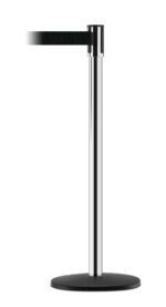 The Vestil Tensabarrier - Indoor, designed with a chrome stanchion and round black base featuring a black retractable belt, is ideal for indoor crowd control or queue management.