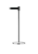 A single Vestil Tensabarrier - Indoor stanchion with a black retractable belt. It features a round, flat base for stability. Designed for indoor use, the belt extends leftward against a plain white background.