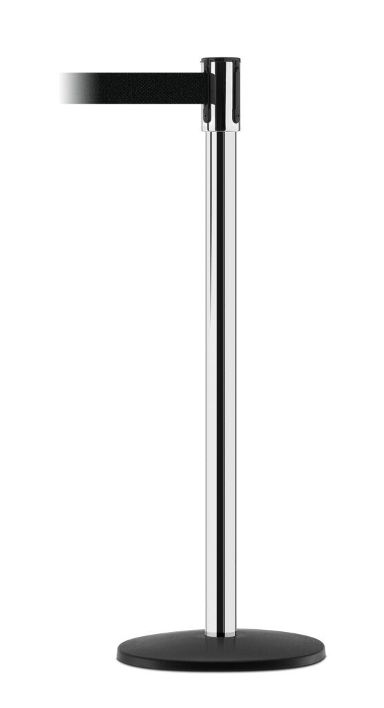 TSB-NBB_A.jpg The Vestil Tensabarrier - Indoor showcases a sleek silver post with a black retractable belt against a plain white background.