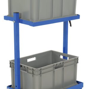 The Vestil Multi-Tier Cart, a blue metal trolley with two shelves, includes two sturdy gray plastic baskets with handles. It offers exceptional mobility and supports up to 200 lbs, making it ideal for transport or storage.