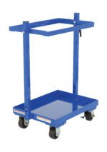 The Vestil Multi-Tier Cart 2 Shelf 200 Lb Capacity features a blue metal design with two shelves and four black casters. The top shelf is framed and open, while the bottom is flat, making it ideal for versatile tool or equipment transport in industrial or workshop environments.