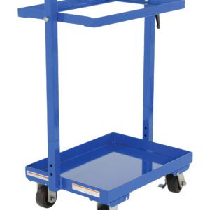 The Vestil Multi-Tier Cart 2 Shelf 200 Lb Capacity features a blue metal design with two shelves and four black casters. The top shelf is framed and open, while the bottom is flat, making it ideal for versatile tool or equipment transport in industrial or workshop environments.