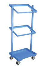 The Vestil Multi-Tier Cart 3 Shelf 300 Lb Capacity comes in blue and has a tall vertical frame with three rectangular shelves. Its ideal for tool organization with its angled, open-framed design, except for the solid bottom tray, and glides smoothly on four caster wheels.