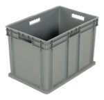 The large, gray, rectangular plastic storage crate with side handles and a smooth, solid exterior is akin to the empty bin from the Vestil Multi-Tier Stack Cart - Large Bin. It features reinforced edges for added durability.