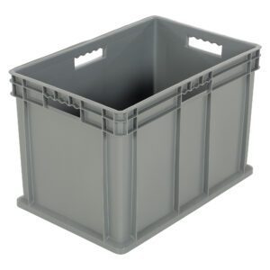 The large, gray, rectangular plastic storage crate with side handles and a smooth, solid exterior is akin to the empty bin from the Vestil Multi-Tier Stack Cart - Large Bin. It features reinforced edges for added durability.