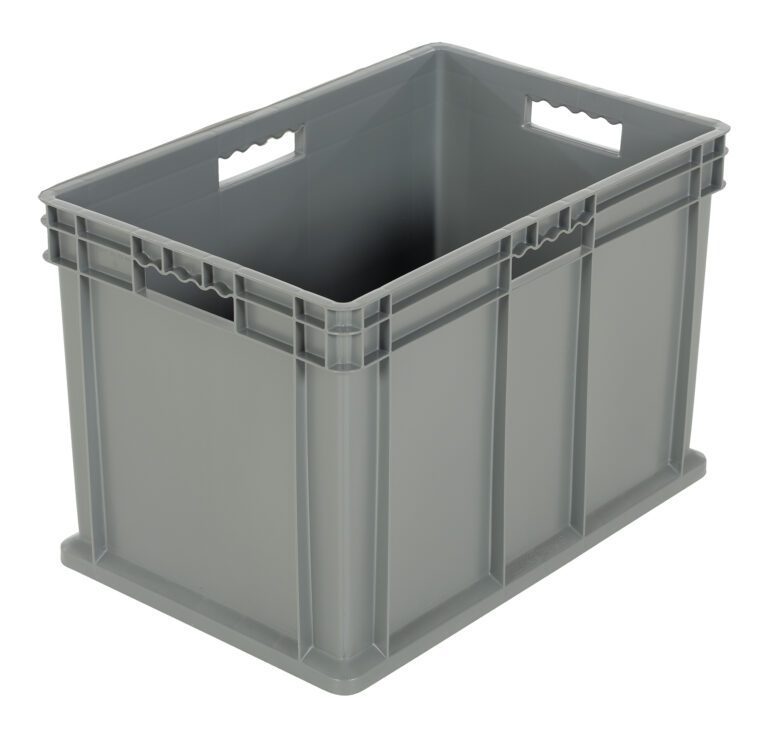 The large, gray, rectangular plastic storage crate with side handles and a smooth, solid exterior is akin to the empty bin from the Vestil Multi-Tier Stack Cart - Large Bin. It features reinforced edges for added durability.