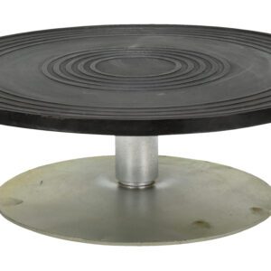 The Vestil Turntable 12 In Diameter 3.875 In H 0.5K features a stylish rotating design with a round, black, grooved top and solid silver base, ideal for bakers who value precision and presentation.