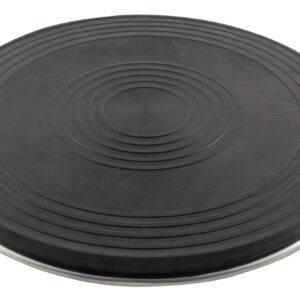 The black, circular design of the Vestil Turntable is echoed in the exercise balance disks elegant concentric ring patterns. With a 12-inch diameter and capacity for up to 0.5K weight, this disk provides stability training against a white backdrop.