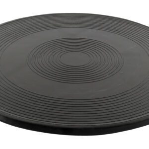 The Vestil Turntable measures 18 inches in diameter and 13/16 inch in height, resembling a black circular balance board. It features concentric ridges ideal for exercise and stability training, supporting up to 1K user weight.