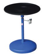 The Vestil Turntable 18 In Dia 21 To 32 In H 300 Lb features a blue finish with an 18-inch black platform. It adjusts from 21 to 32 inches in height using a silver knob on its round base, supports up to 300 lbs, and is ideal for pottery or modeling work.