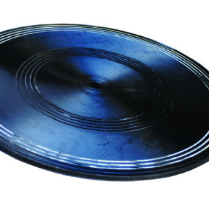 A dark blue or black vinyl record with multiple grooves and a central hole, ideal for the Vestil Turntable, 24 inches in diameter. Its light-reflecting surface highlights its circular shape against a white background, merging modern design with classic sound.