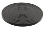 The black, round anti-vibration pad, similar to the Vestil Turntable 8 In Diameter 0.75 In H 500 Lb, with concentric circle grooves, supports up to 500 lbs and offers both functionality and durability.