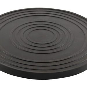 The black, round anti-vibration pad, similar to the Vestil Turntable 8 In Diameter 0.75 In H 500 Lb, with concentric circle grooves, supports up to 500 lbs and offers both functionality and durability.