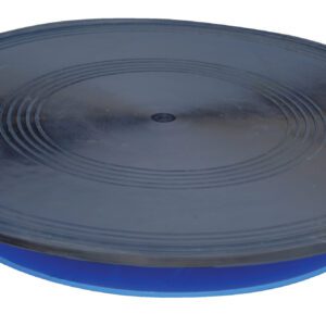 The Vestil Turntable features a 24-inch diameter and is stylishly designed with concentric circle patterns on its black surface, supported by a blue curved base that stands at 3.687 inches high, efficiently handling loads up to 0.5K.