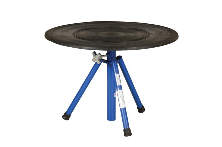 TT-N-30-PED_A.jpg The Vestil Turntable 30 In Dia 21 To 32 In H 2 Tier features a black top, three blue metal legs with rubber tips, adjustable height from 21 to 32 inches, and a silver locking mechanism for stability. Perfect for versatile use.