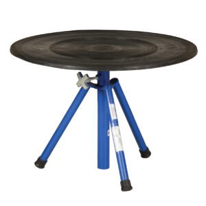 The Vestil Turntable 30 In Dia 21 To 32 In H 2 Tier features a black top, three blue metal legs with rubber tips, adjustable height from 21 to 32 inches, and a silver locking mechanism for stability. Perfect for versatile use.