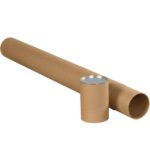 A 2 x 43 Kraft Premium Telescoping Tube (25/Case) stands on a white background, its open lid revealing a metallic interior. Slightly tilted, it offers versatile and secure packaging solutions for various needs.
