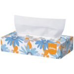 The Kleenex® 2-Ply Facial Tissue box, featuring an open tissue and a floral design of blue and orange flowers on a white background, is available in convenient packs of 48 per case.