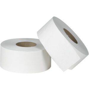 Two Scott® Surpass® 3.7 x 1000 2-Ply Jumbo Bathroom Tissue rolls are displayed on a plain background, one upright and the other tilted to reveal the brown cardboard core, from a case of 12 rolls.