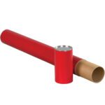 A red tube from the MH-USA 3 x 30 Red Premium Telescoping Tubes (24/Case) rests with its lid off, revealing a brown interior. Nearby, another lidless red tube highlights their premium design and functionality.