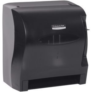 The Kimberly-Clark® Lev-R-Matic® Roll Towel Dispenser (13W x 14H x 10D) in black boasts a sleek, curved design with a clear vertical window to monitor paper and a dispensing slot at the bottom, while featuring the brand name prominently on its front.