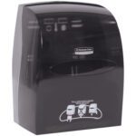 The glossy black Kimberly-Clark® Hands-Free 8 Roll Towel Dispenser (16W x 13H x 10D) has a front slot for easy access and clear graphics showing how to use both hands to pull towels, with its shiny surface elegantly reflecting light.