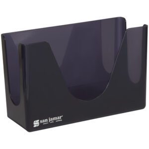 The sleek MH-USA C-Fold/Multi-Fold Hand Towel Dispenser - Countertop (8W x 11H x 5D) pairs well with the black plastic San Jamar cup dispenser, featuring an open front for easy stacking, to enhance countertop organization efficiently.