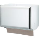 The MH-USA Single Fold Hand Towel Dispenser, sized 10-1/2W x 7-1/2H x 6D, boasts a sleek stainless steel wall-mounted design with a reflective surface and rectangular shape, featuring a brown paper towel partially protruding from the bottom slot.