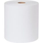 An 8 x 600 Scott® Essential™ Plus White Hard Wound Roll Towel stands upright with a visible core on a plain background, available in convenient packs of 6 rolls per case.