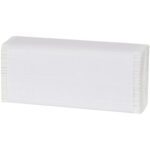 A stack of Bedford White C-Fold Towels is shown on a plain background, featuring neatly folded, rectangular towels with crisp edges and a side view of the individual layers.