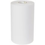 A large SofPull® 9 x 400 paper towel roll stands upright, showcasing its smooth texture and visible open cardboard core. The even lighting enhances its clean appearance, with each case containing six rolls.