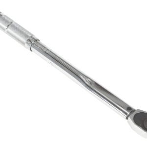 A Vestil Torque Wrench with a textured handle and black adjustable head, rated 10-80 ft-lbs, is elegantly displayed diagonally on a white background.