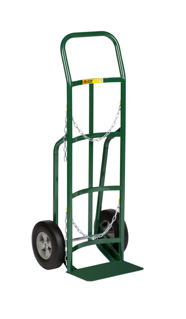 The Little Giant Gas Cylinder Hand Truck is green with a metal frame, two wheels, and a small loading platform. It includes two chains across the frame to securely transport items.