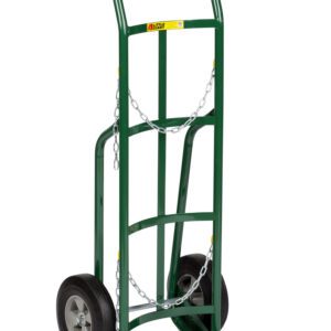 The Little Giant Gas Cylinder Hand Truck is green with a metal frame, two wheels, and a small loading platform. It includes two chains across the frame to securely transport items.