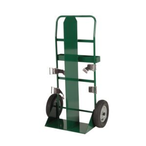 A green metal hand truck, designed like a Little Giant Gas Cylinder Partition Wall Truck, includes a tall back frame, large wheels, and multiple securing straps. Perfect for transporting heavy or bulky items securely, it stands upright on a white background.