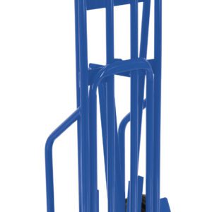 The Vestil Four Wheel Hand Truck W/ 600 Lb Capacity features a blue metal frame with dual vertical handles, black wheels, and a foldable platform, making it ideal for transporting heavy items effortlessly.